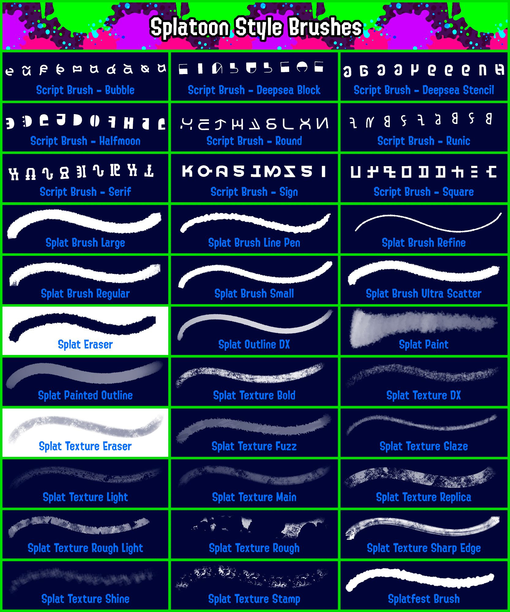 A grid of Clip Studio Paint brushes available in the pack.