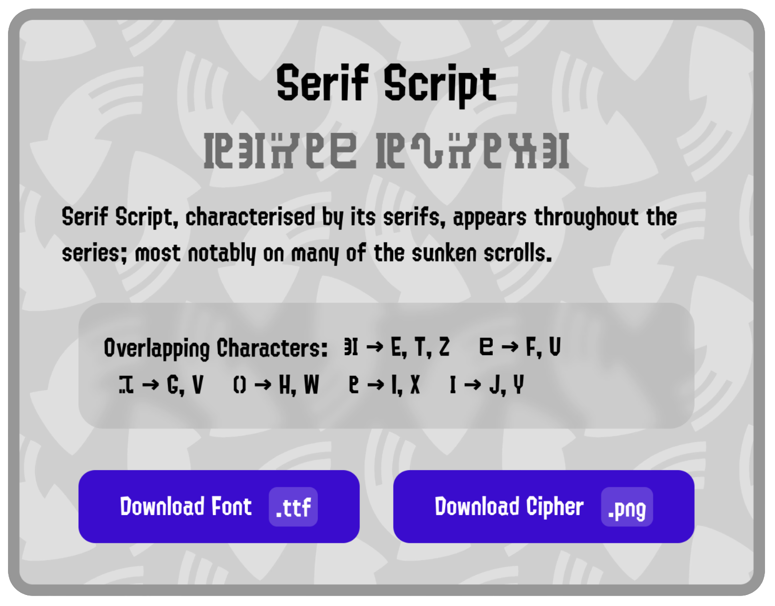 A panel from decipher.ink showcasing the Serif Script font. Below the font name reads &ldquo;Serif Script, characterised by its serifs, appears throughout the series; most notable on many of the sunken scrolls.&rdquo; Overlapping characters are shown above buttons to download a .ttf font and a cipher image