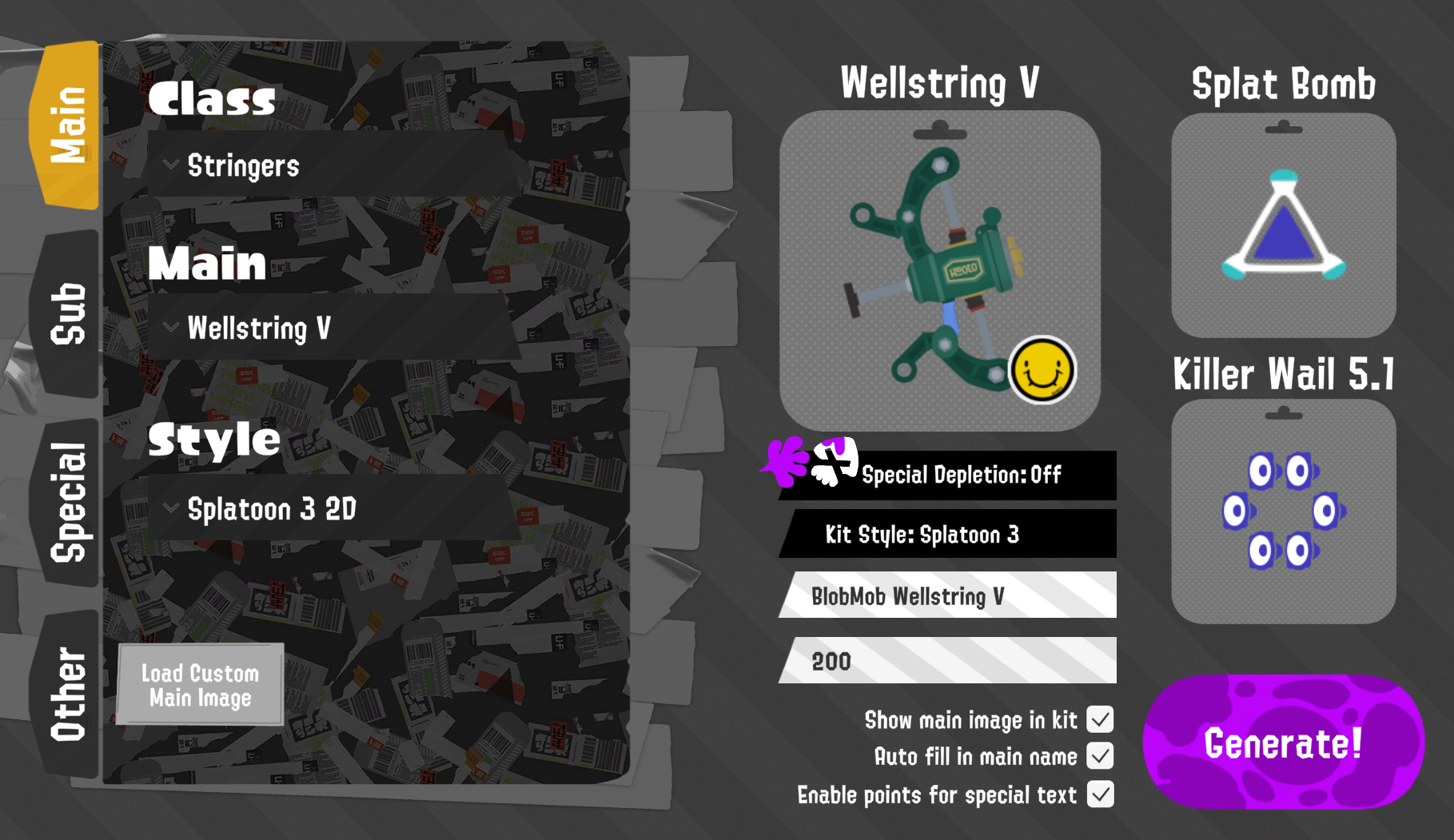 Screenshot of the Kit Generator. The interface has tabs on the side reading &ldquo;Main&rdquo;, &ldquo;Sub&rdquo;, &ldquo;Special&rdquo;, and &ldquo;Other&rdquo;. The main tab is selected with dropdowns reading &ldquo;Stringers&rdquo; under class, &ldquo;Wellstring V&rdquo; under Main, and &ldquo;Splatoon 3 2D&rdquo; under style. To the right is an image of the Wellstring V with a Splat Bomb and Killer Wail 5.1 as the selected kit. A generate button sits in the lower right corner