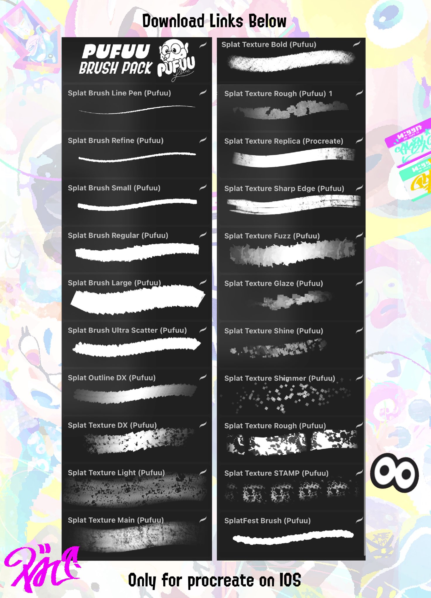 A grid of Procreate brushes available in the pack.