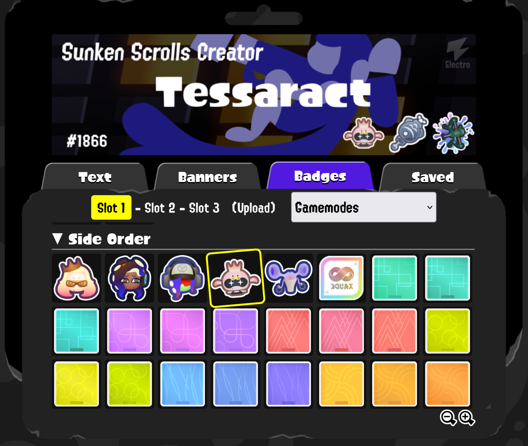 View of the Splashtag Maker. A Splashtag on top has the custom title &ldquo;Sunken Scrolls Creator&rdquo; with a banner prominantly featuring inkjet&rsquo;s icon. Below the name Tessaract are badges of the Pearl Drone, a silver Torpedo, and 10 star Wellstring V. Below is a tabbed interface with &ldquo;Text&rdquo;, &ldquo;Banners&rdquo;, &ldquo;Badges&rdquo;, and &ldquo;Saved&rdquo;. A selection of Side Order icons are visible.