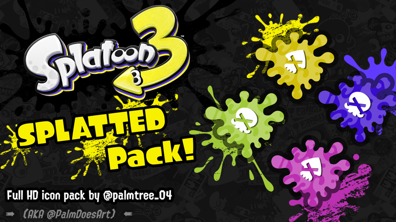 Preview of the Splatted Icon Pack. Below the Splatoon 3 logo reads &ldquo;Splatted Pack! and &ldquo;Full HD icon pack by @palmtree_04&rdquo;. Icons for an Inkling&rsquo;s death in yellow, indigo, green, and pink sit in front of a dark graffiti background.